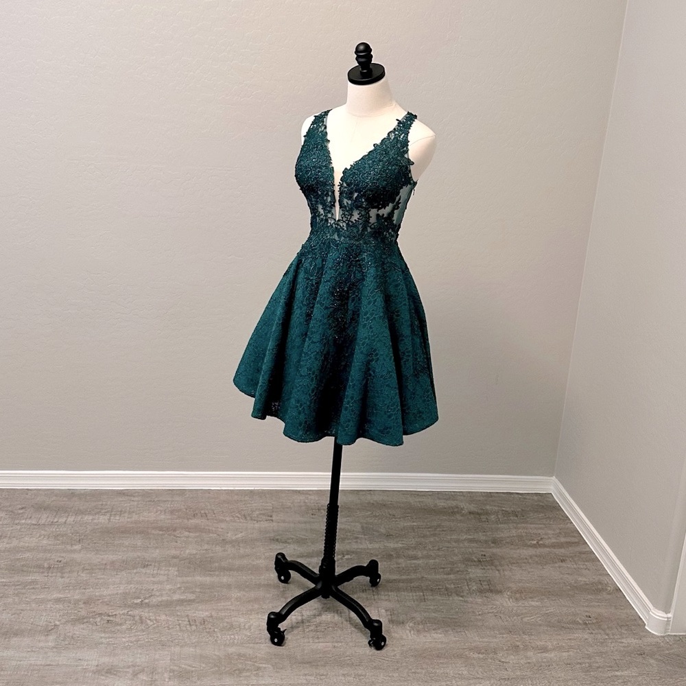 NEW JOVANI SZ 8 HUNTER GREEN NUDE ILLUSION FIT FLARE BEADED LACE FORMAL DRESS - Picture 2 of 14